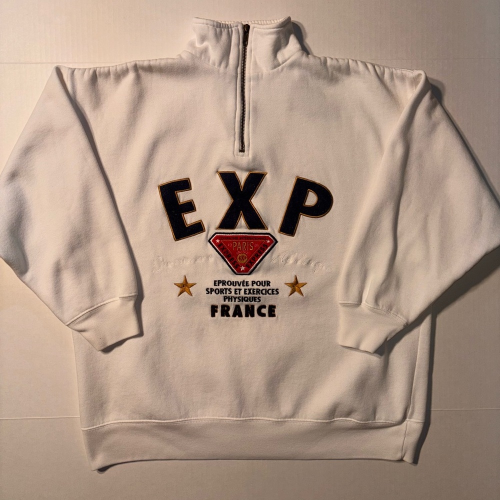 Vtg Express Athletique Paris Embroidered 90s Quater Zip Pullover Sweatshirt Sz S